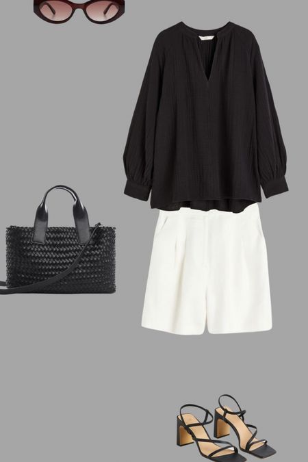 Monochrome summer with black cheesecloth, white linen shorts, a leather woven bag and strappy sandals 