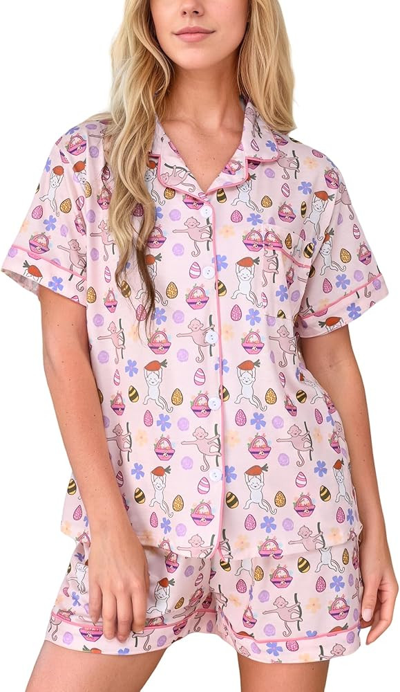 Women Y2k Pajamas Set Cute Preppy 2PCS Button Down Holiday Monkey Shorts Summer Outfit Beach Vaca... | Amazon (US)
