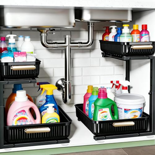 ARSTPEOE Under Sink Organizer - 2 Packs Multi-Purpose Pull-Out Storage Organizers, Slide out Pull out Cabinet Organizer Shelf, Storage for Kitchen Bathroom, Black | Amazon (US)