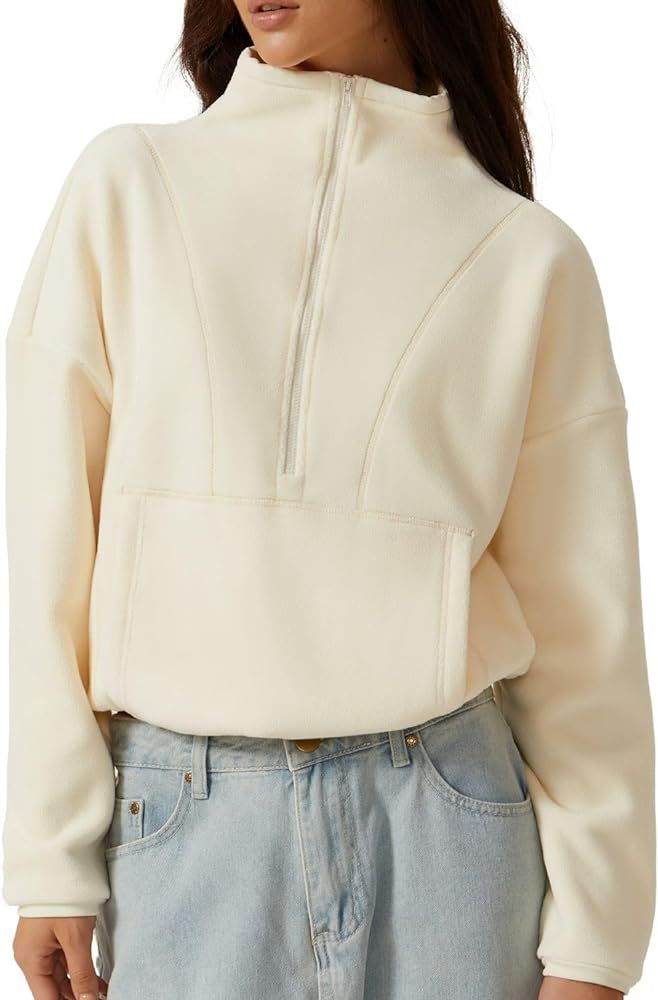Women Half Zip Fleece Sweatshirt Mock Neck Long Sleeve Winter Cozy Sherpa Pullover Sweater Tops | Amazon (US)