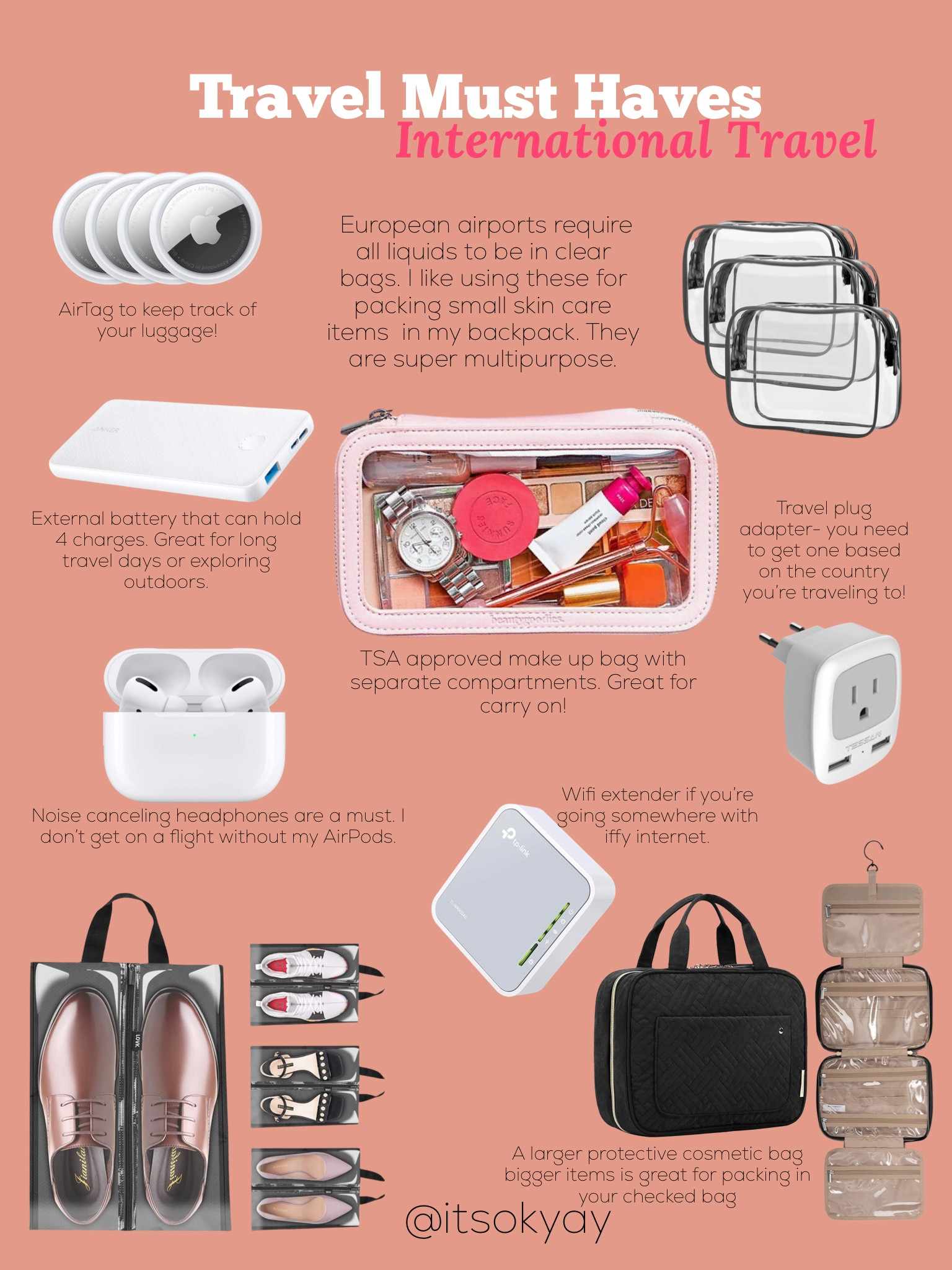 Travel must haves!! All of these are great for all travel but especially important for international travel. I own all of these items and use them on travels regularly. 



Cosmetic bag, travel bags, packing, AirTag 


#LTKtravel #LTKeurope