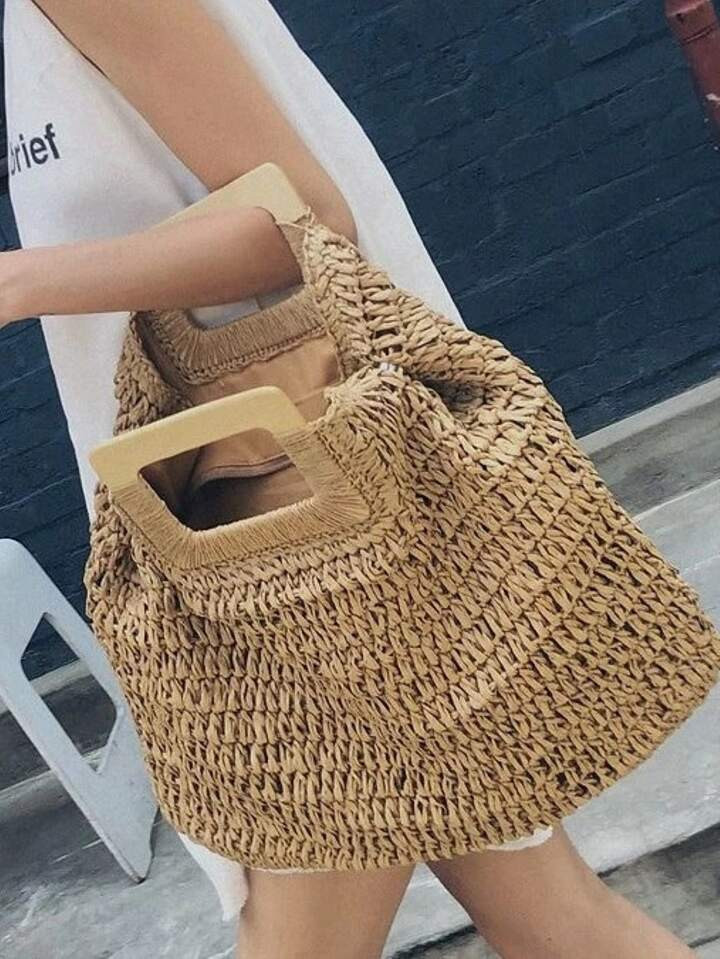 Vintage Straw Handbag, Women's Woven Summer Beach Bag, Knitted Tote Bag For Holiday Minimalist La... | SHEIN