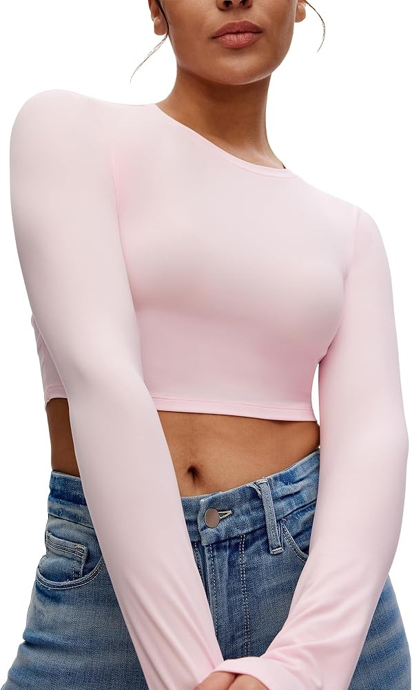 NANJI Cropped Long Sleeve T Shirts for Woman - Slim Fit Crew Neck Crop Tops, Basic Women's Croppe... | Amazon (US)