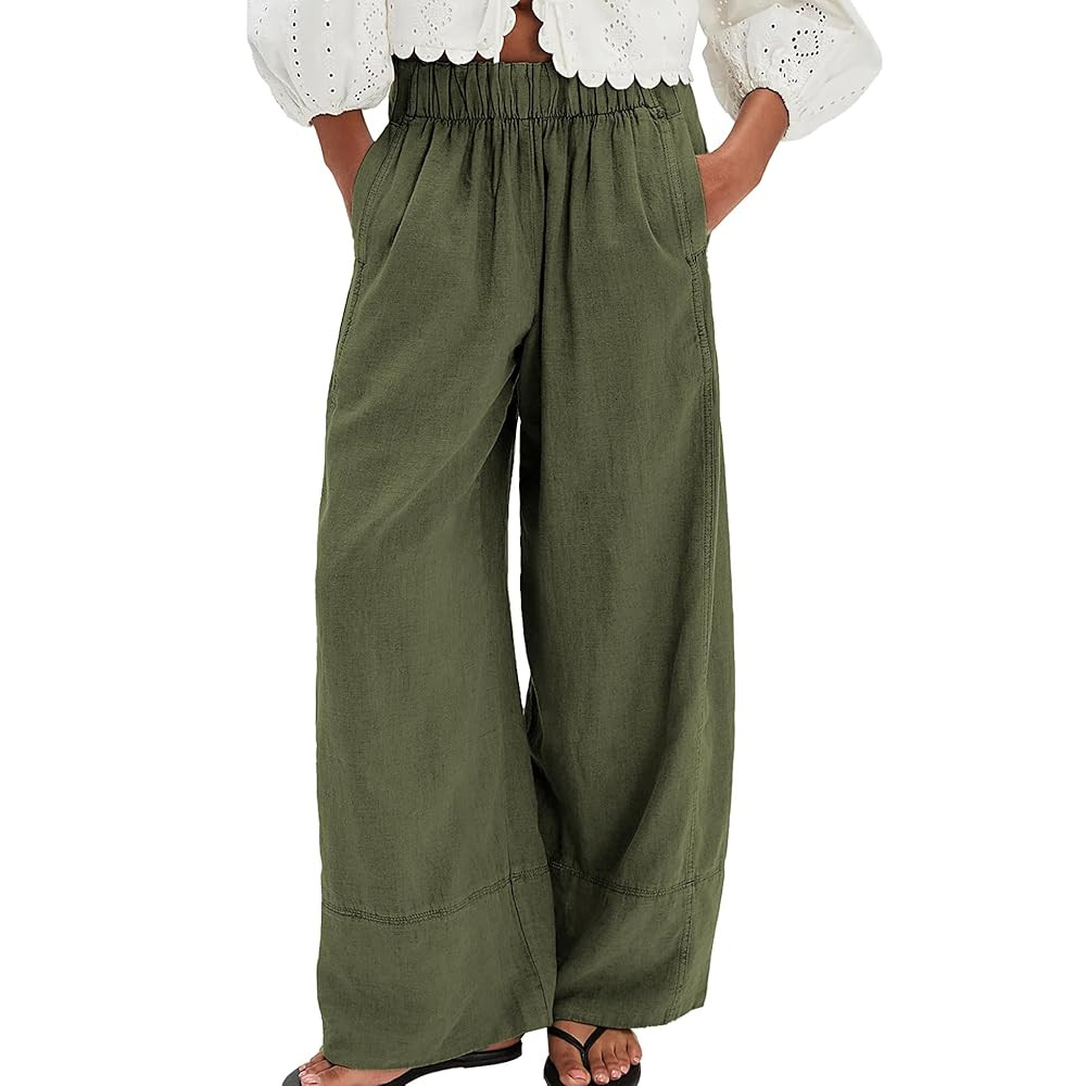Linen Pants for Women Cotton Baggy Boho Casual Palazzo Pants Wide Leg Long Lounge Trousers with P... | Amazon (US)