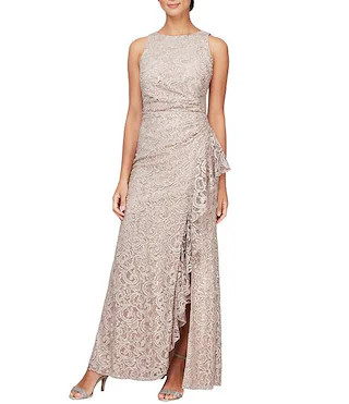Crew Neck Sleeveless Cascade Ruffle Thigh High Slit Sequin Lace Stretch Gown | Dillard's