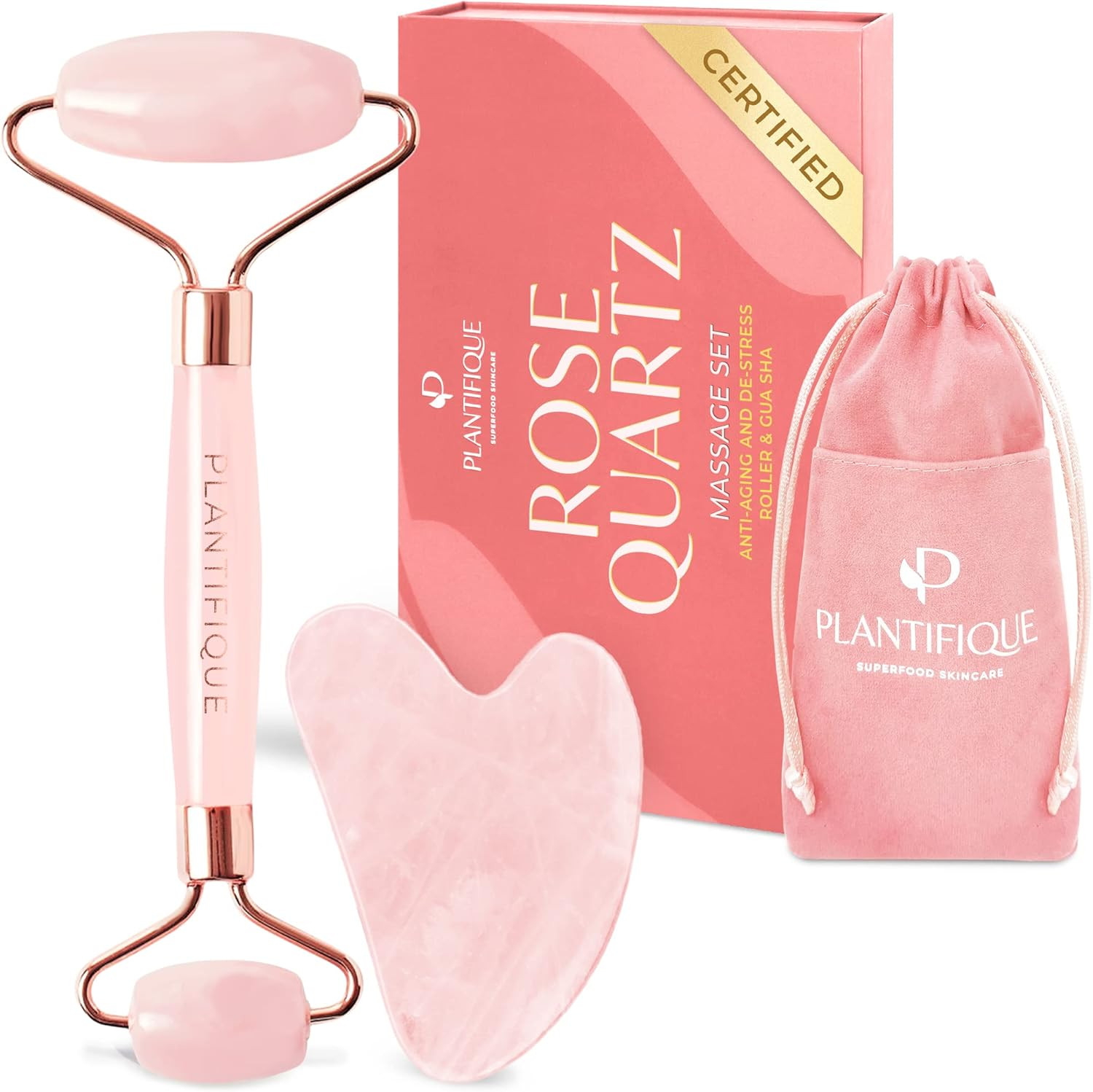 Plantifique Gua Sha Rose Quartz & Face Massager Roller for Face Care - Anti Ageing 100% Natural R... | Amazon (UK)