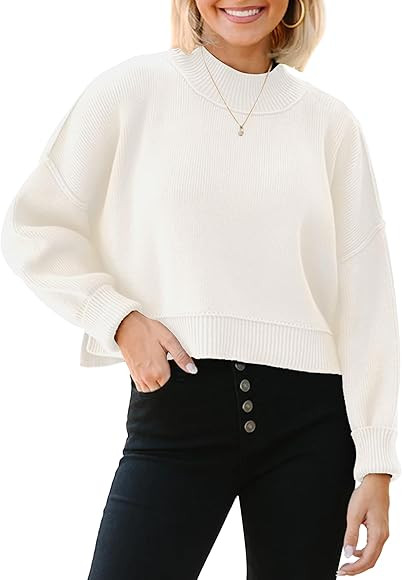 Sucolan Women's Crewneck Cropped Fall Sweaters 2023 Long Sleeve Oversized Pullover Side Slit Ribb... | Amazon (US)