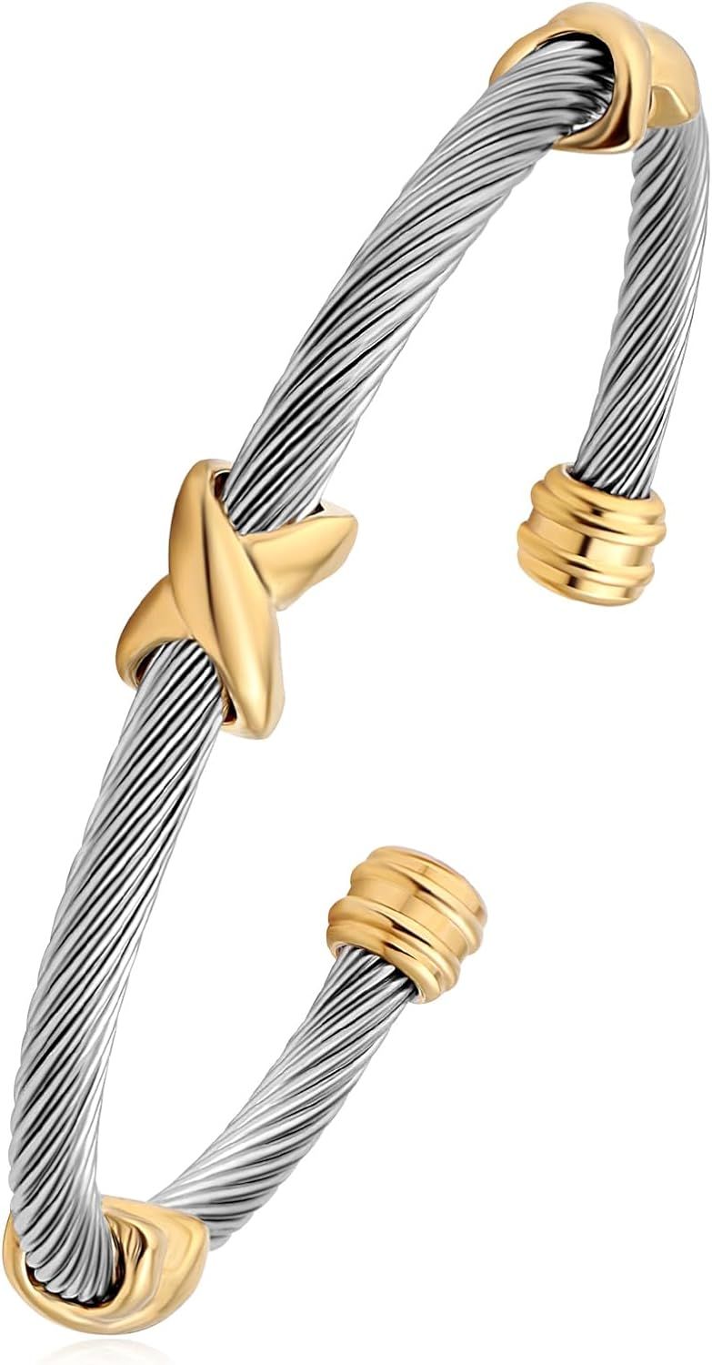 Chuyau Cable Bracelet Stainless Steel Vintage Twisted Wire Composite Open Bangle Bracelet, Adjust... | Amazon (US)