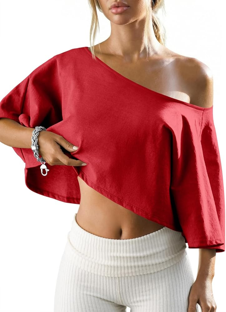 Fisoew Womens Off The Shoulder Cropped Tops Batwing Short Sleeve Workout Shirts Asymmetrical Neck... | Amazon (US)