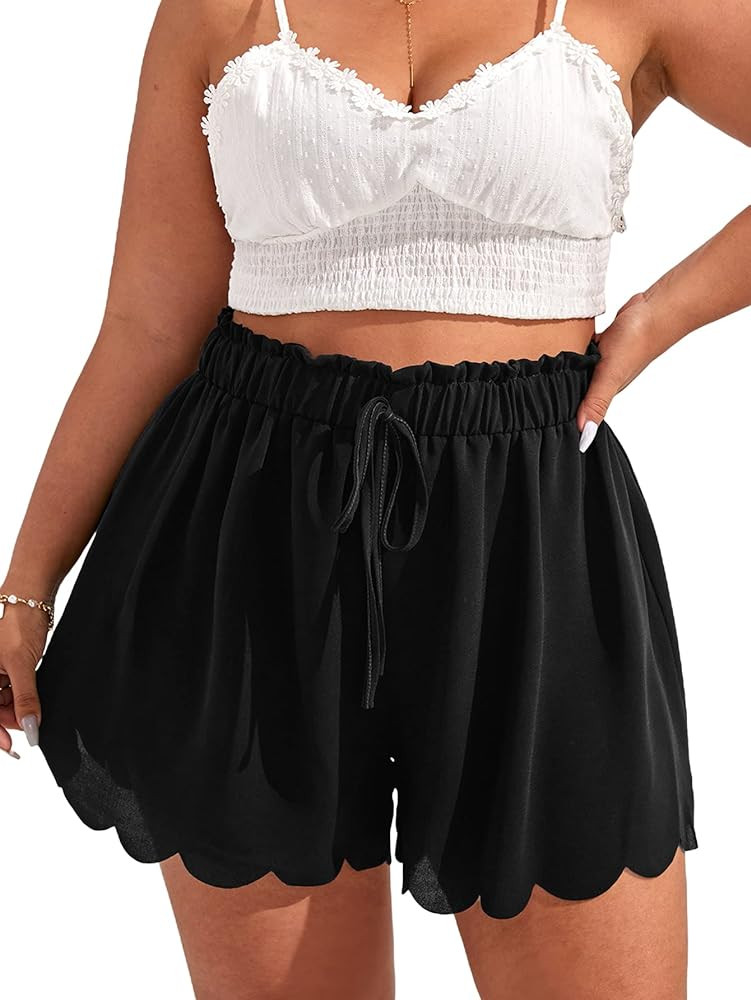 MakeMeChic Women's Plus Size Flowy Wide Leg Shorts Scallop Trim Summer Beach Vacation Shorts | Amazon (US)