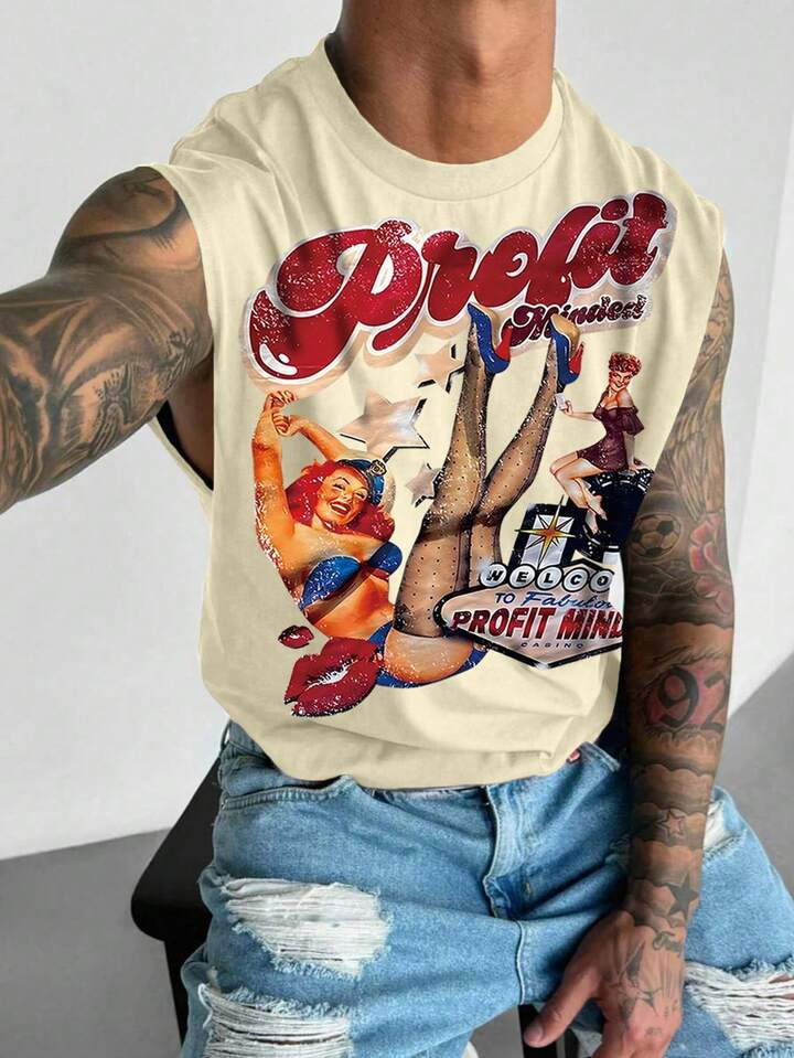 Men's Casual Sleeveless Tank Tops, Lightweight Summer Sports Wear, Creative Vintage Pattern, Roun... | SHEIN