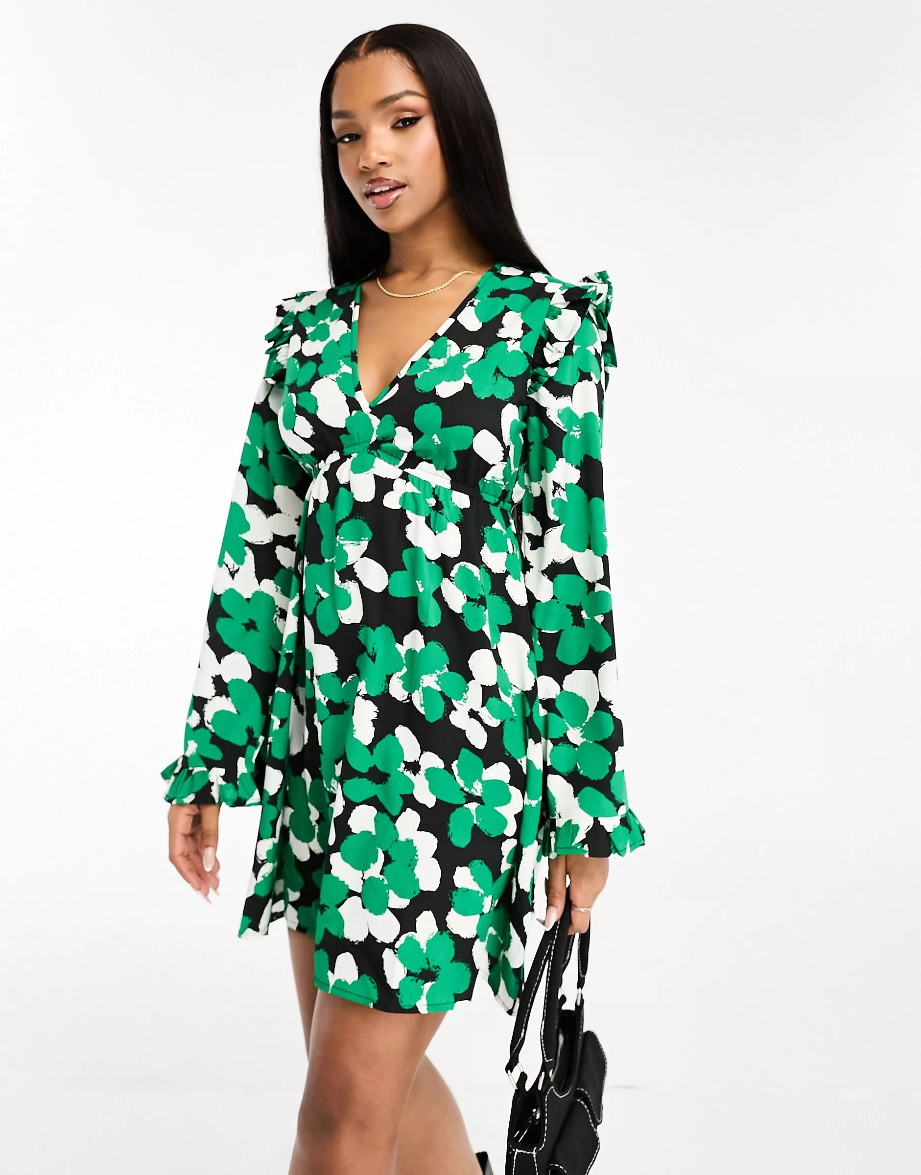 Wednesday's Girl bloom floral ruffle sleeve smock dress in green | ASOS | ASOS (Global)