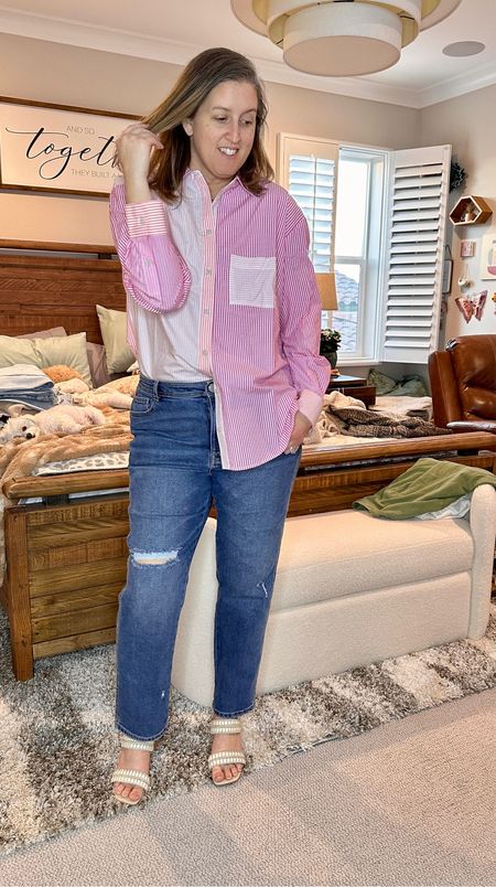 Such a great button down for the transition to Spring coming up. I can see it as a cute coverup too for the summer, really light material. I size down 1 in these jeans to a 10, they run a little big IMO. 

#LTKstyletip #LTKcurves #LTKfit