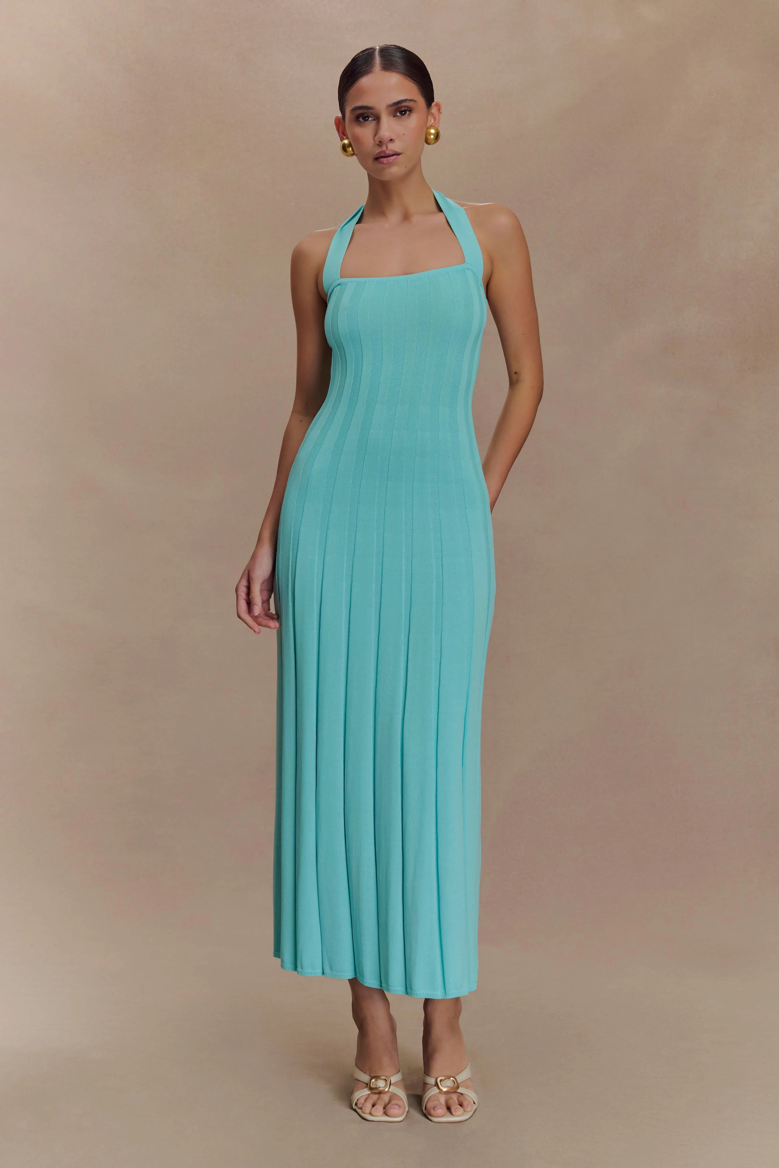 Jacqui Halter Knit Midi Dress - Cyan Blue | MESHKI US