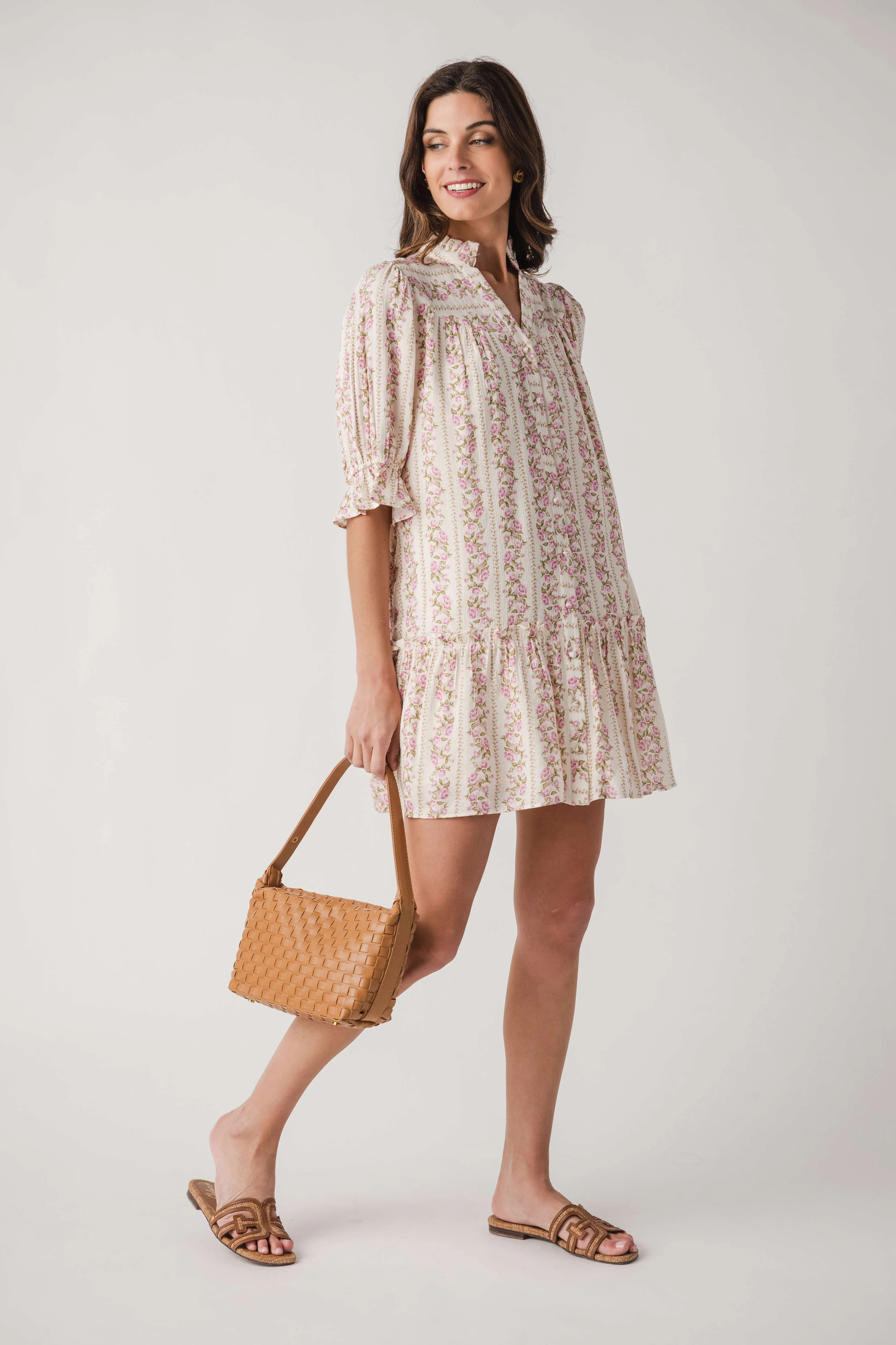 Fate Floral Print High Ruffled Collar Button Down Dress | Social Threads
