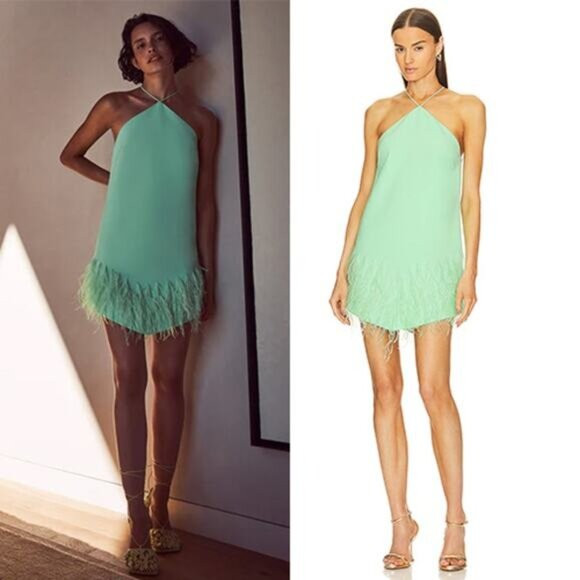 NEW Alexis Shift Halter Neck Bristal Feather Trim Dress Jade Green Size: XS | Poshmark
