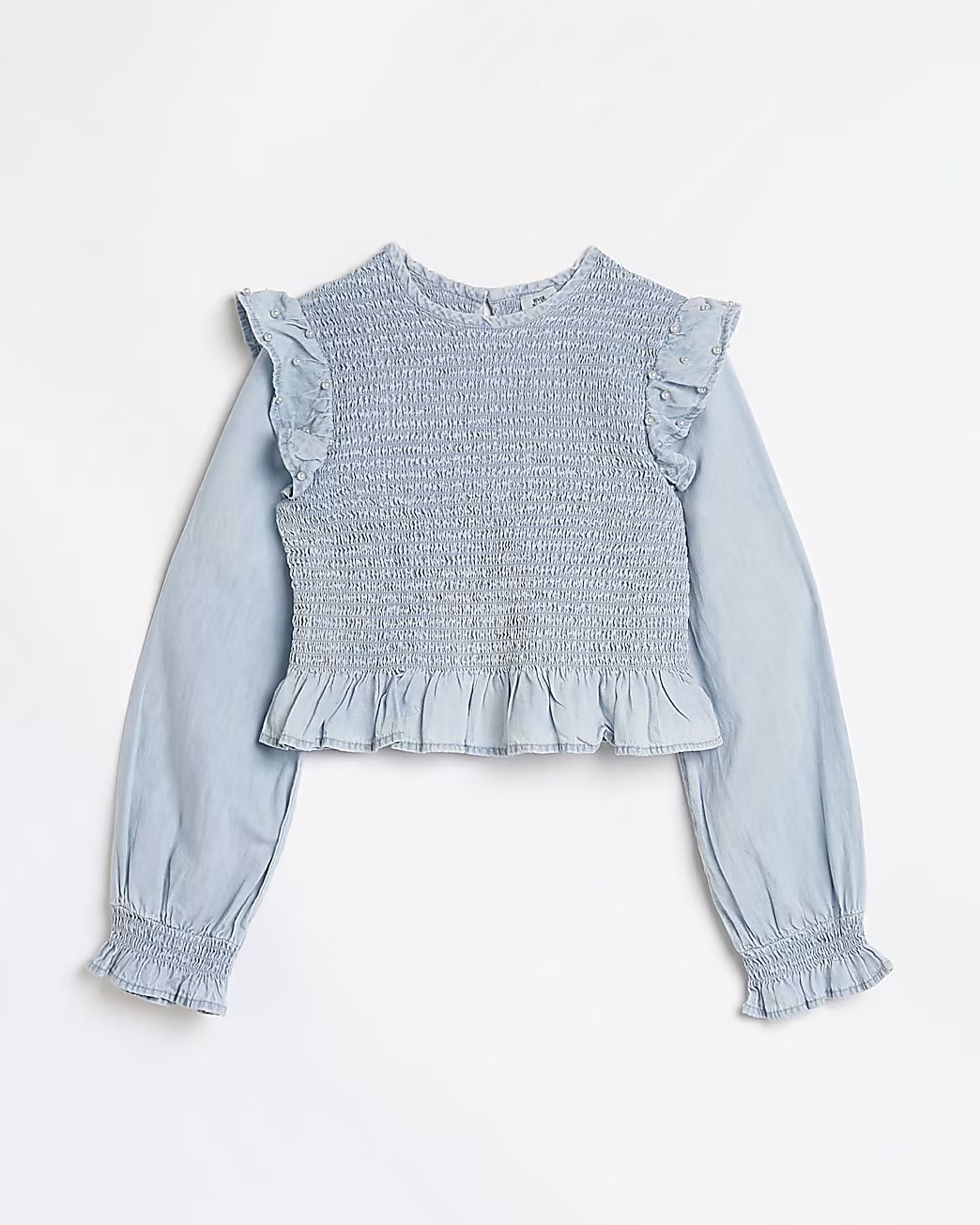 Girls blue shirred denim top | River Island (UK & IE)