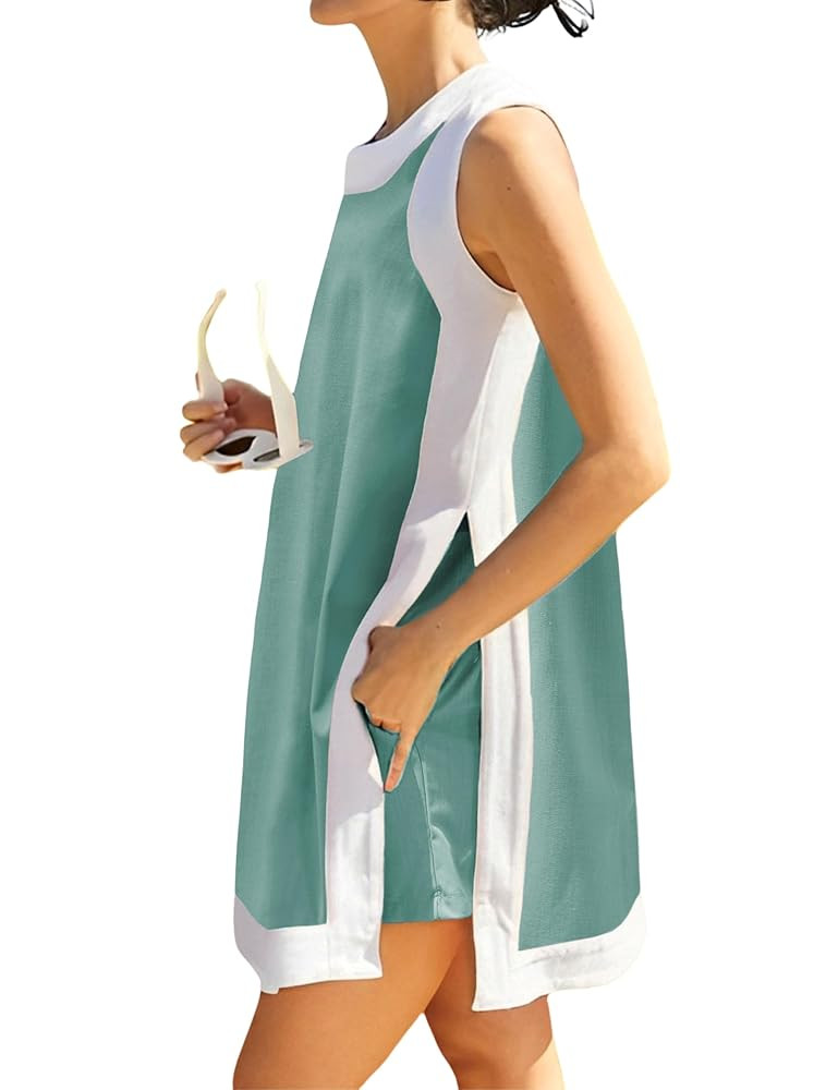 Hooever Women's 2 Piece Sets Casual Color Block Crewneck Short Sleeve Pullover Tops Matching Shor... | Amazon (US)