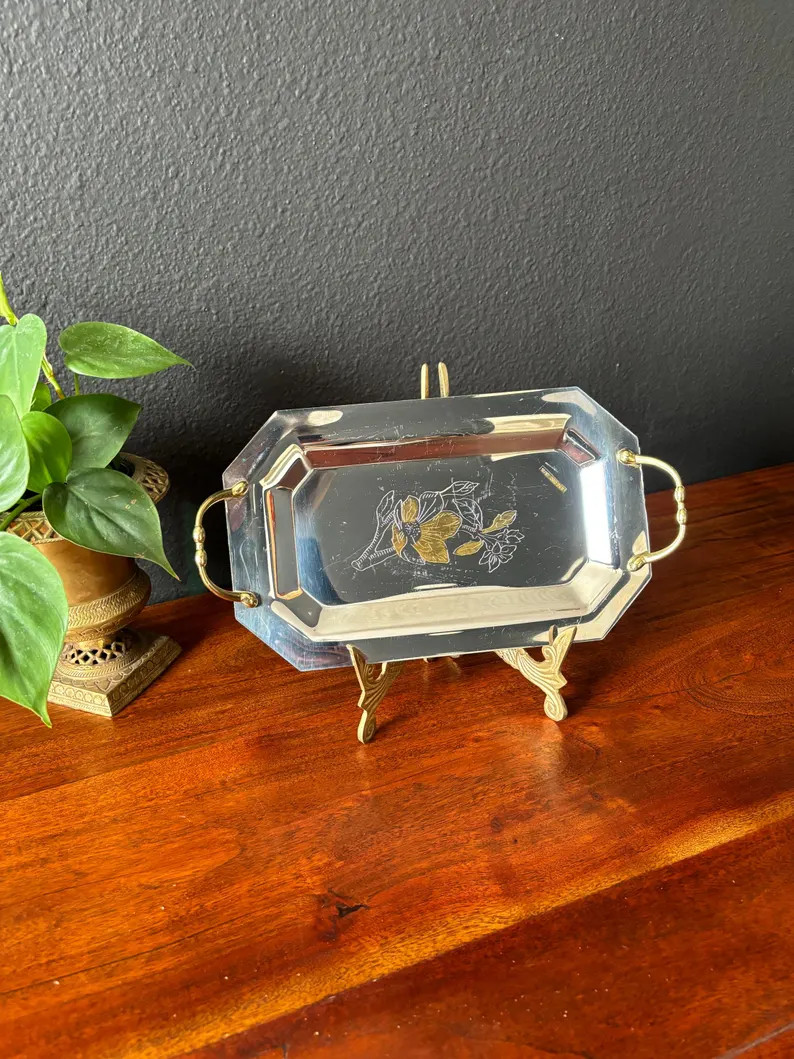 Vintage ORO 18/10 Stainless Steel and 24K Plate Floral Inlay Tray with Handles, Decorative Silver... | Etsy (US)