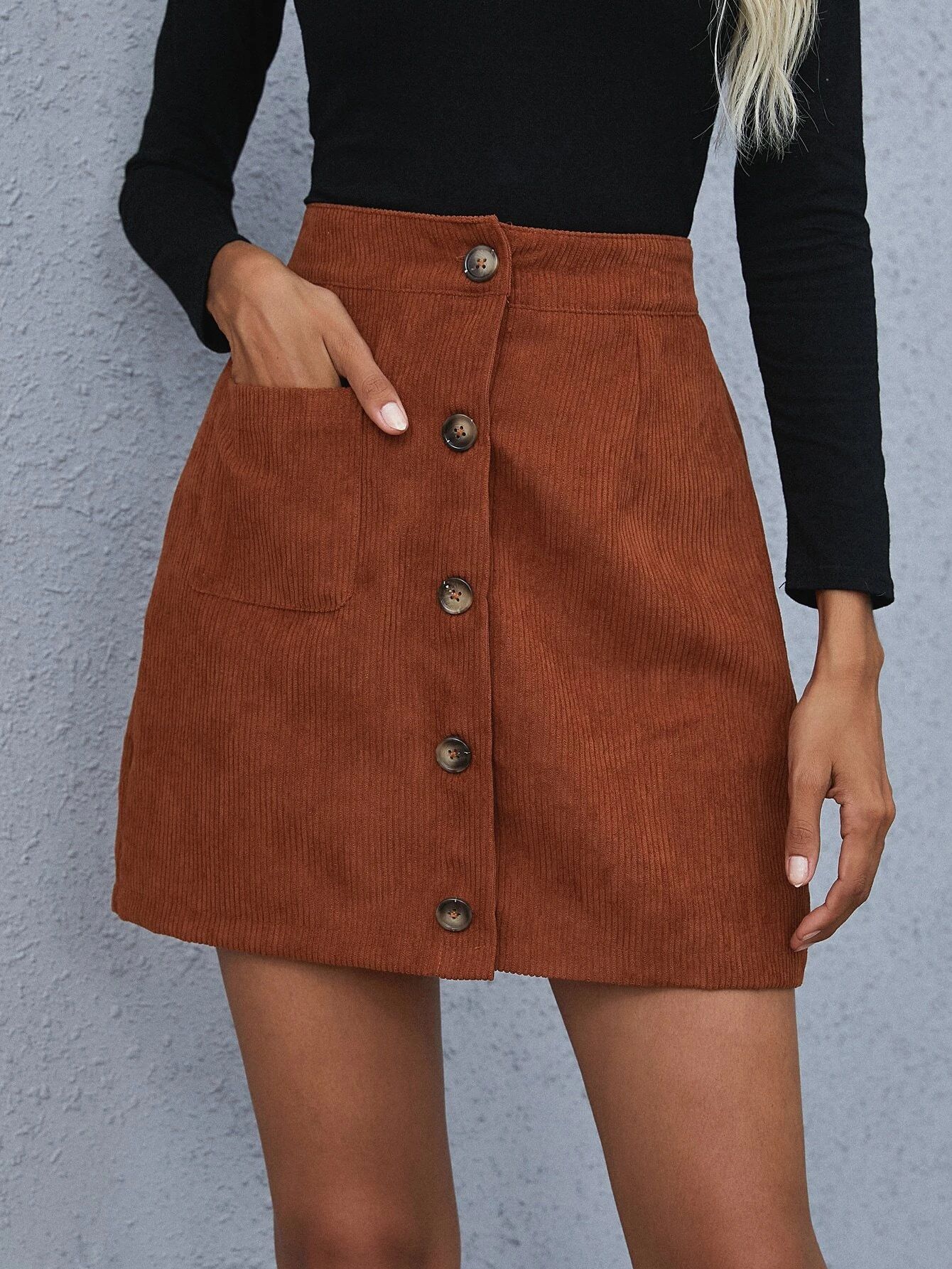 Single Breasted Pocket Front Corduroy Skirt | SHEIN