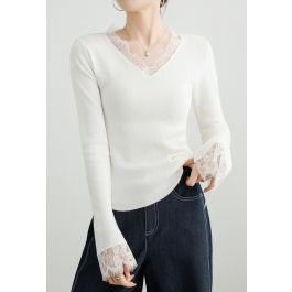 V-Neck Lace Trim Bell Sleeve Knit Top in White | Chicwish