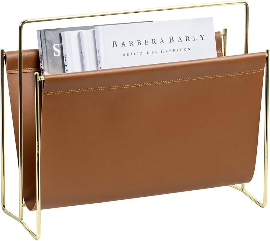MyGift Magazine Holder Magazine Rack Floor 15-Inch Modern Brown Leatherette & Brass Plated Metal ... | Amazon (US)