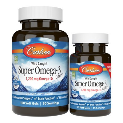 Carlson - Super Omega-3 Gems, 1200 mg Omega-3s, Norwegian, Wild Caught, Sustainably Sourced, Bonus Bottle, 100+30 Softgels | Target