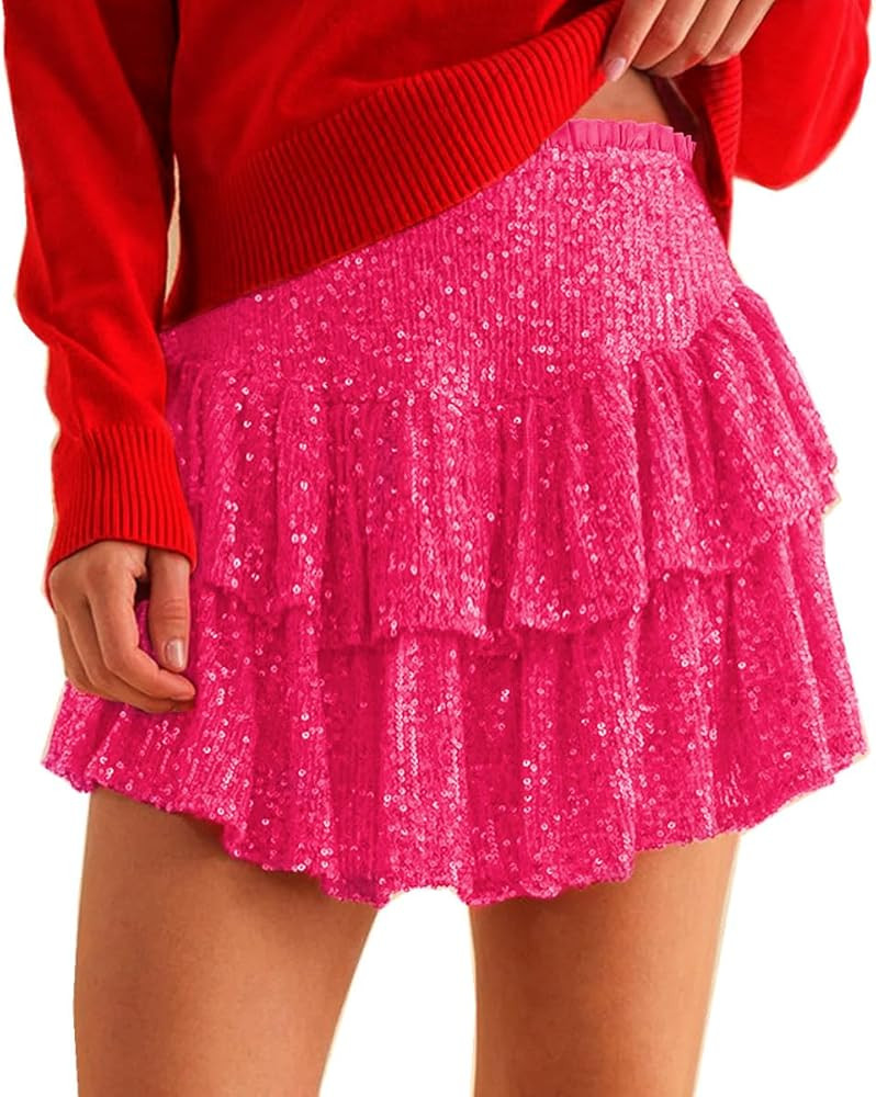 Cresay Women's Cute Sequin Ruffle Skirt High Waist Layered Hem Sparkle Mini Skirt with Shorts Und... | Amazon (US)
