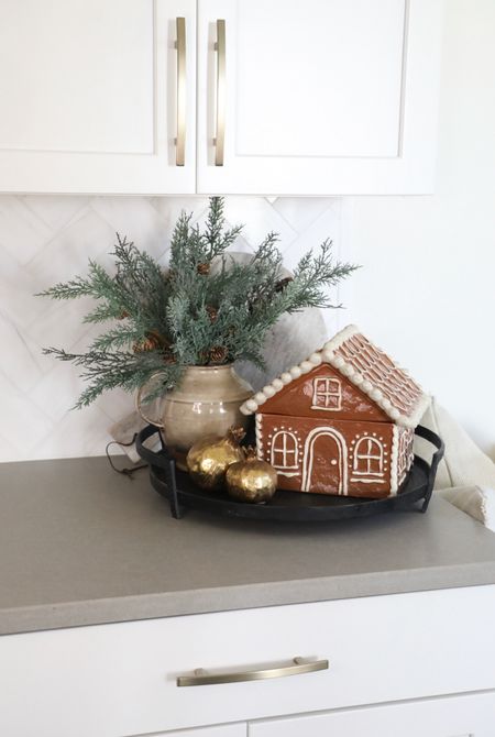 I love this simple, but classic vignette. This cookie jar adds such a festive touch to our kitchen countertop! Four stems were used in this arrangement ❤️🎄#homedecor #ltkhome #christmasdecor #holidaydecor #christmasdecorations #kitchendecor 

#LTKHoliday #LTKhome