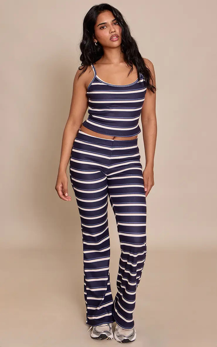 Navy Stripe Mid Rise Flare Trousers | PrettyLittleThing | PrettyLittleThing UK