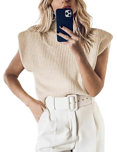 Hooever Women's Knitted Shoulder Pads Sweater Vest Turtleneck Sleeveless Tank Tops (Beige-S) | Amazon (US)
