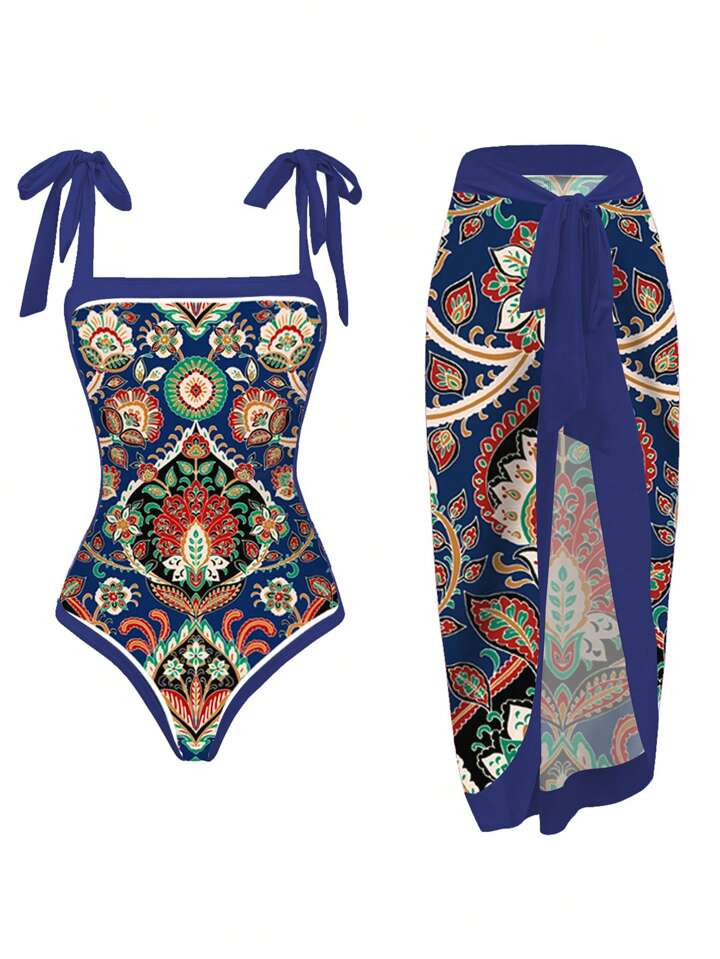 Swim Oasis Holiday Vintage Printed One-Piece Swimsuit With Cover-Up Skirt ,Summer Beach | SHEIN