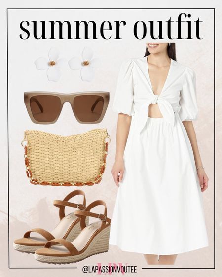 Elevate your summer style with this effortlessly chic ensemble! Slip into a trendy cut-out poplin midi dress paired with delicate flower stud earrings. Add flair with stylish sunglasses and a straw purse bag. Finish the look with comfy wedge sandals for a touch of elegance under the sun!

#LTKstyletip #LTKSeasonal #LTKfindsunder100
