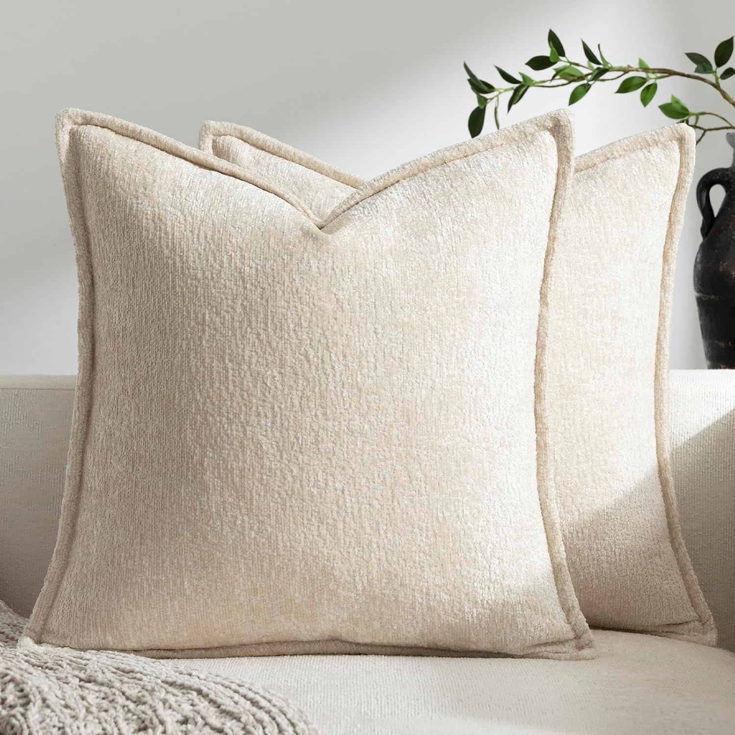 Pack of 2 Beige Decorative Throw Pillow Covers 20x20 Cozy Soft Chenille Boho Accent Vintage Farmhouse Square Couch Pillow Covers for Home Decor Bed Sofa Living Room | Amazon (US)