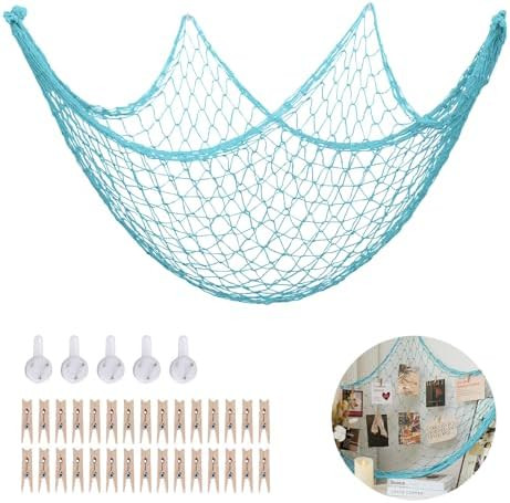 Fish Net Decorations, 79x59 Inch Wall Hanging Photo Display w/ 30 Clips, Fishing Net Decor for Un... | Amazon (US)
