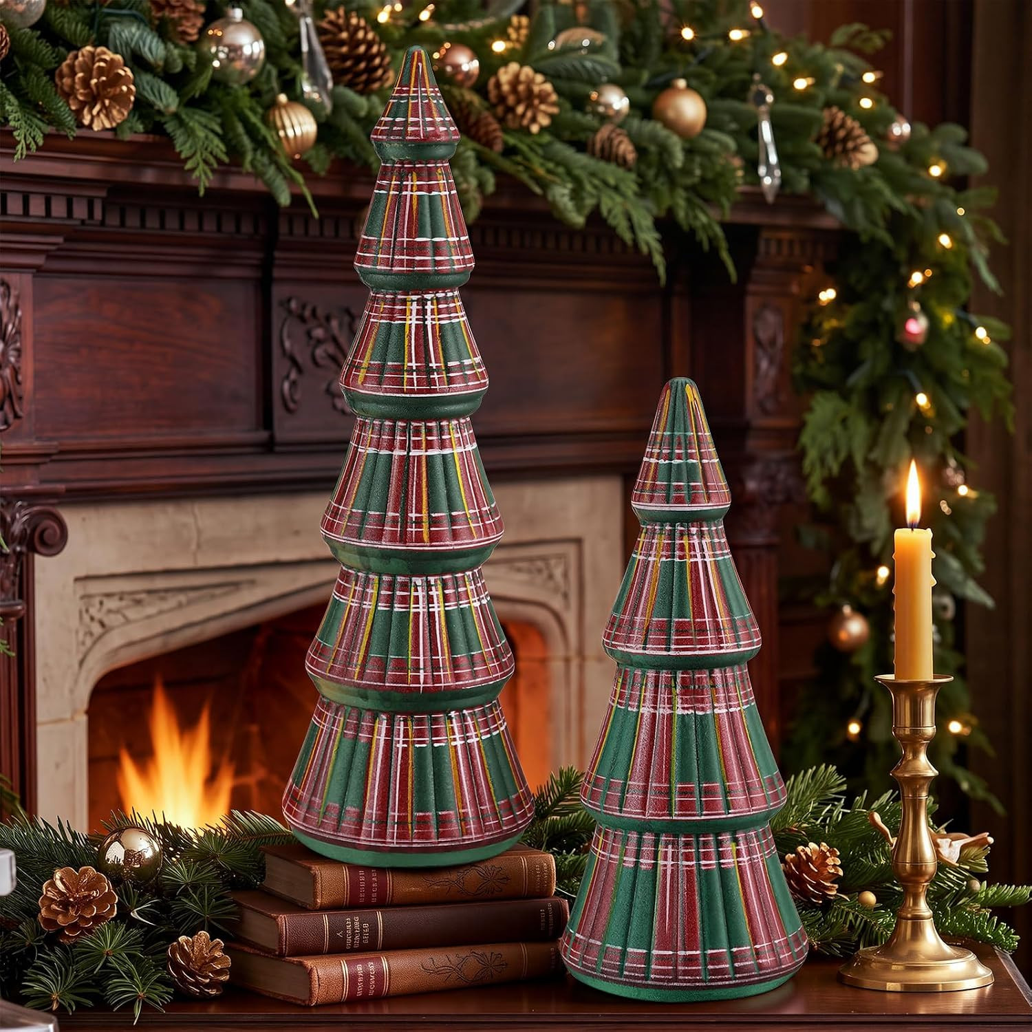 2 Pcs Scottish Red and Green Tartan Christmas Tree Figurines 9.4''/ 13.6'' | Amazon (US)