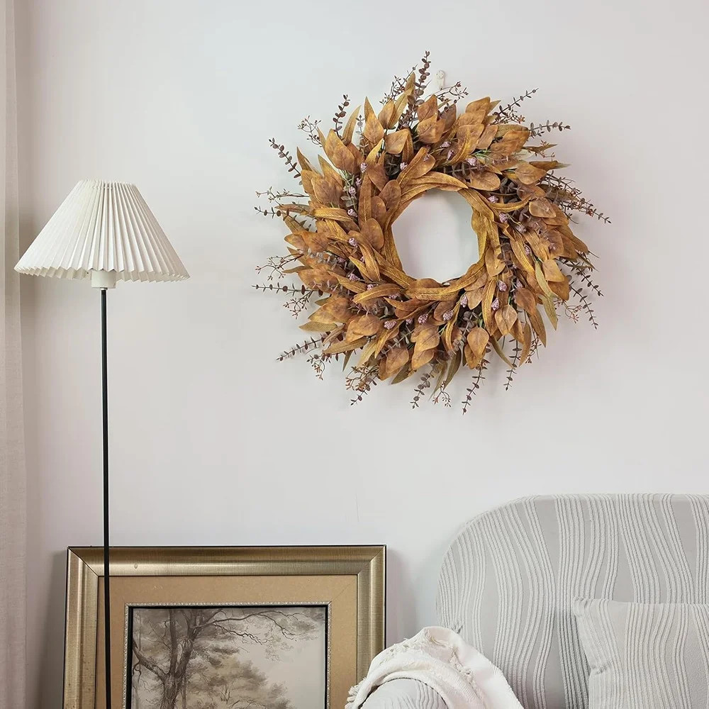 Autumn Eucalyptus Wreath For Front Door, Artificial Fall Greenery Wreath With Orange Accents For ... | Wayfair North America