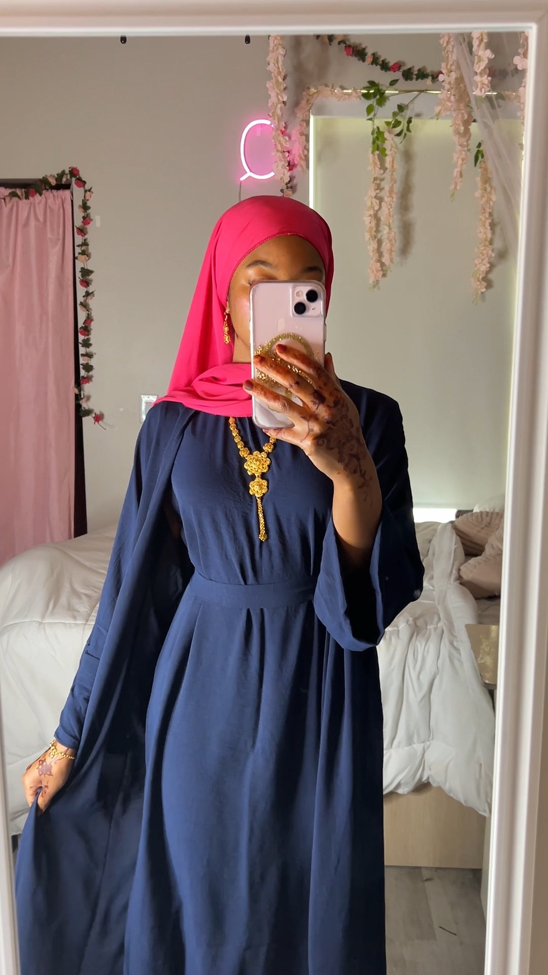 Blue & Pink outfit

Blue modest dress set 

Pink hijab 
 
Pink Shoes

Gold accessories 

Modest Fashion 