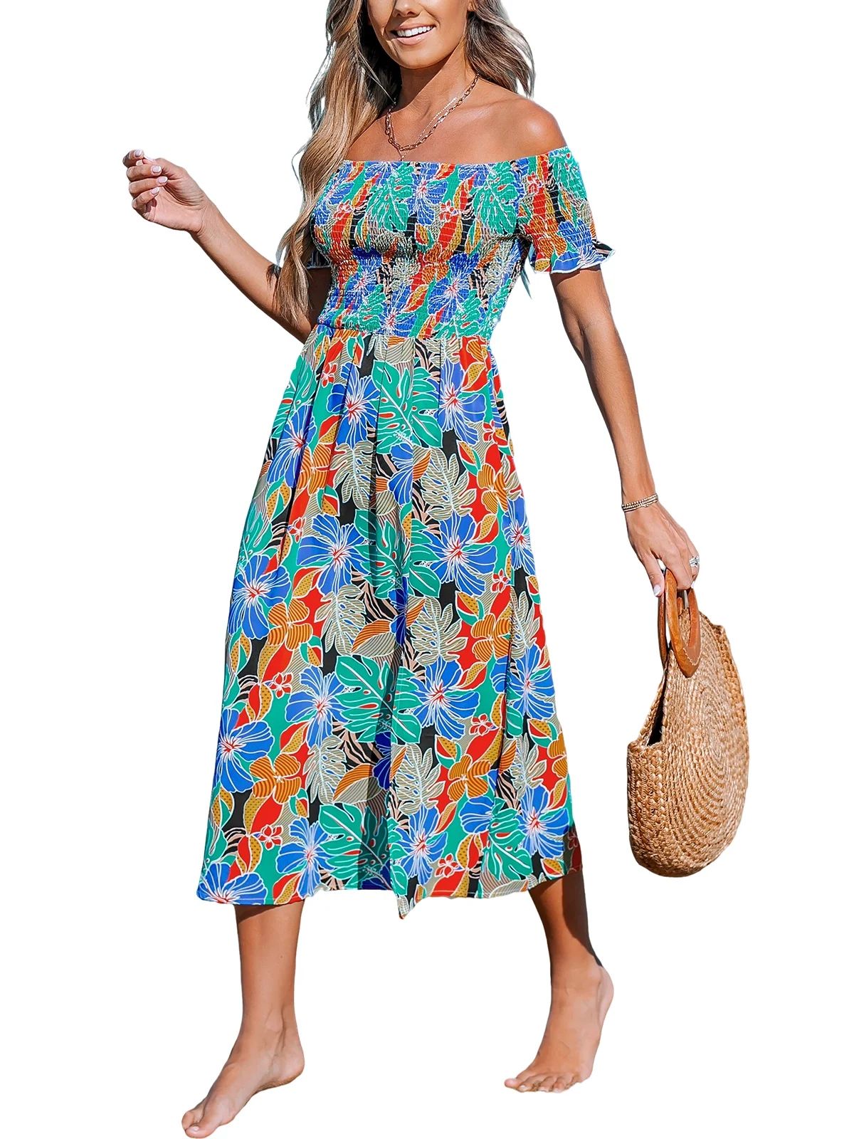 Cupshe Women's Off The Shoulder Ruffled Short Sleeve Smocked Paisley Beach Midi Dress | Walmart (US)