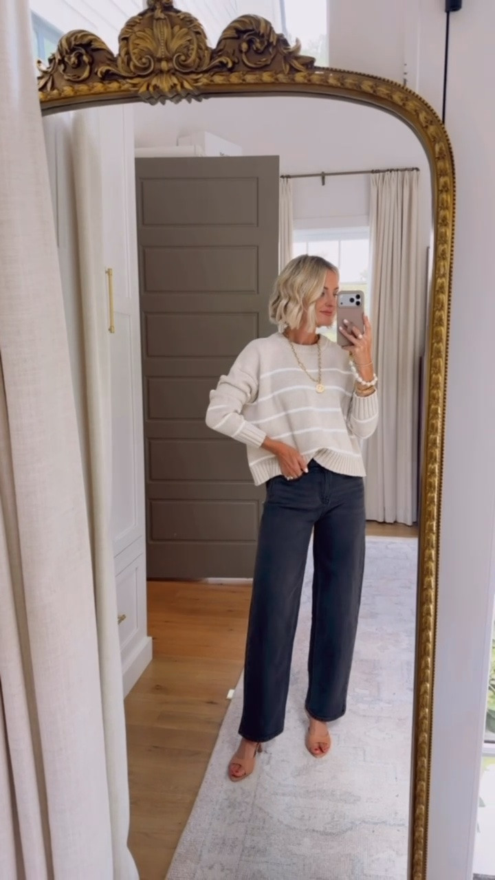 How can you not love a good striped sweater look? @Quince has a great one that I’ve been reaching for so much! Wearing XS sweater, 25 jeans 

Loverly grey, striped neutral sweater, black barrel jeans outfit, transitional outfit ideas, capsule wardrobe fall

#LTKSeasonal #LTKWorkwear