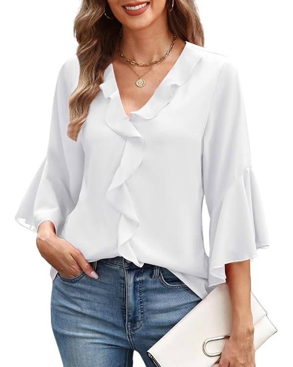 CiCiBird Women’s Ruffle V Neck Blouses 3/4 Sleeve Flowy Chiffon Tops Dressy Casual Shirts for W... | Amazon (US)