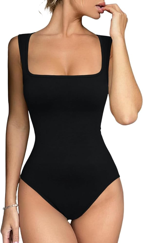 Meyeeka Women's Seamless Bodysuit Square Neck Sleeveless Tapered Shoulder Straps Tank Tops Summer | Amazon (US)