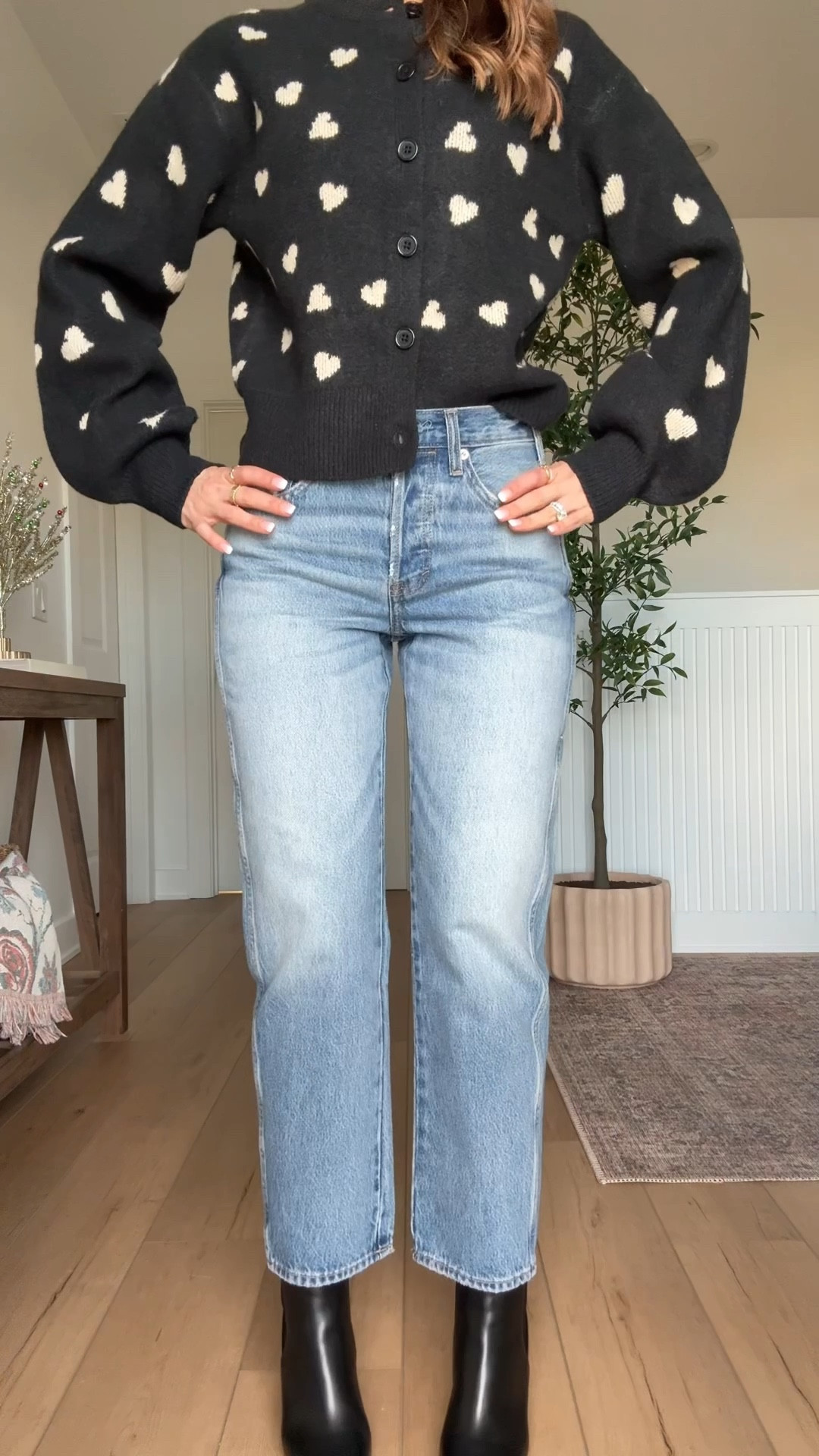 New Target mid-rise boyfriend jeans in 00. Target heart sweater. Casual outfit. Winter outfit. Spring outfit. Valentine’s Day sweater. Christian Louboutin Condodo boots - I went up half a size. 

#LTKgrwm #LTKPetite #LTKootd
