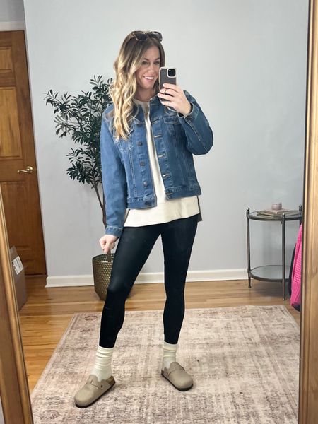 I love this denim jacket, the color and fit perfect. Wearing size small. Layered it with this $10 sweatshirt and some faux leather leggings.