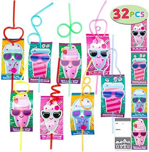 JOYIN 32 Pack Valentines Day Gift Cards with Gift Colorful Crazy Loop Reusable Drinking Straws fo... | Amazon (US)