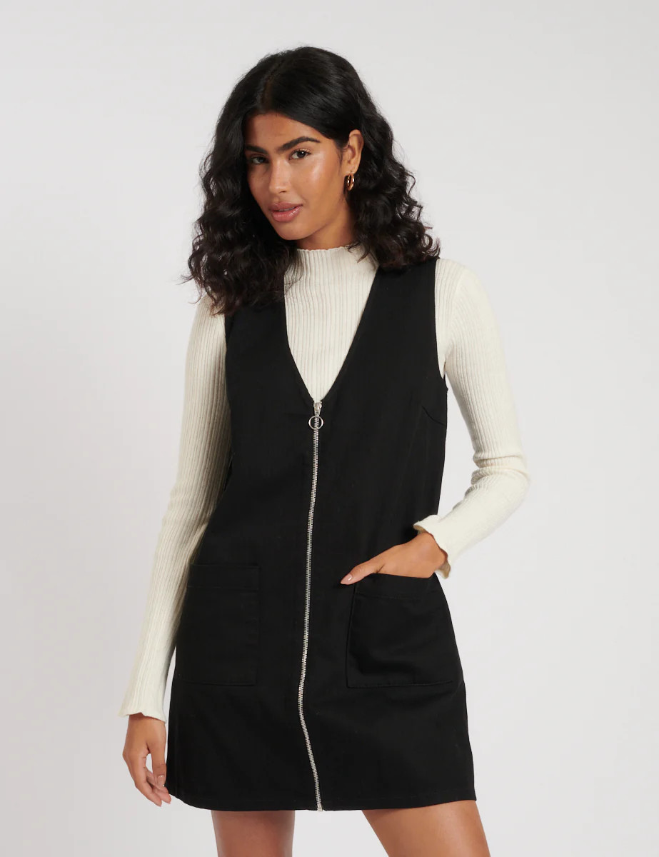 Black Zip Through Dreseden Mini Pinafore Dress | Nobody's Child