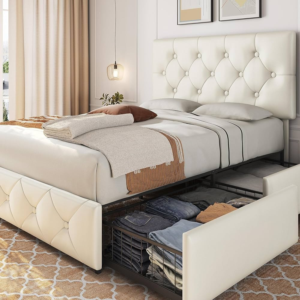 Yaheetech Full Bed Upholstered Bed Frame with 4 Storage Drawers and Adjustable Headboard, Storage... | Amazon (CA)