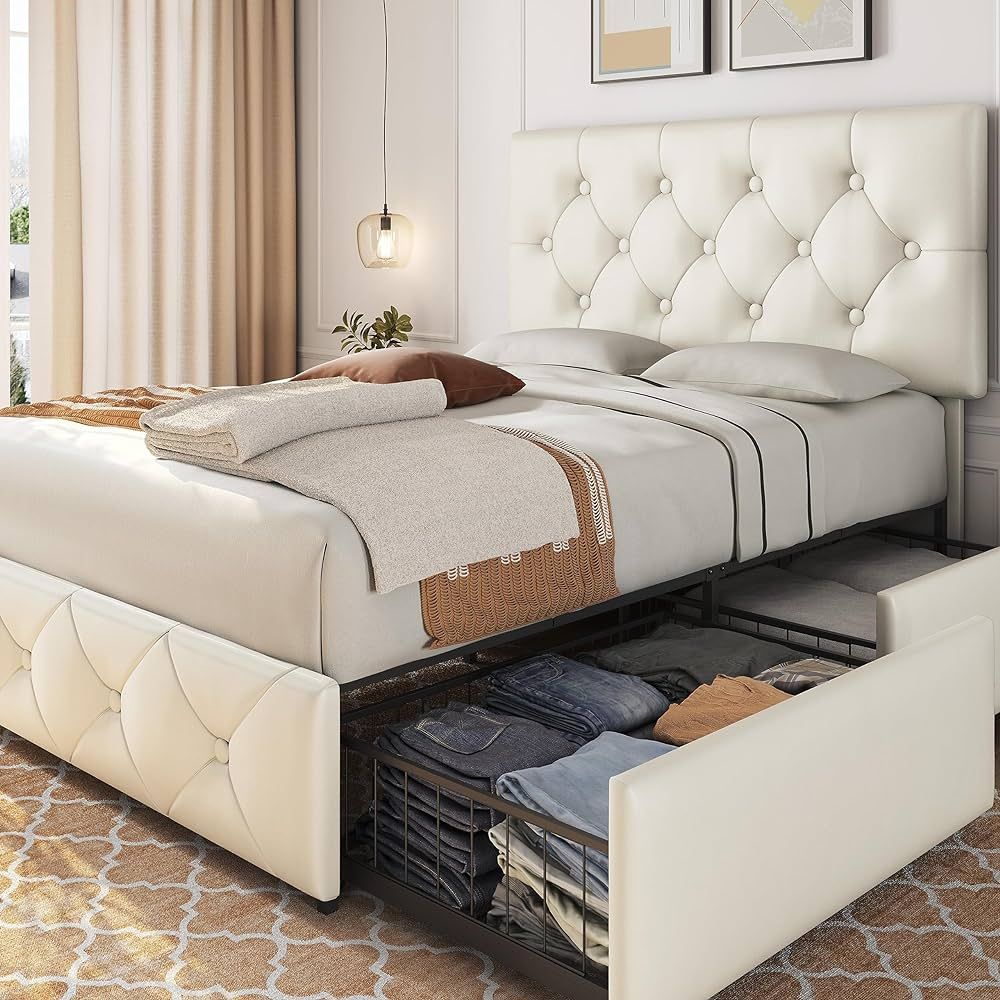 Yaheetech Full Bed Upholstered Bed Frame with 4 Storage Drawers and Adjustable Headboard, Storage... | Amazon (CA)