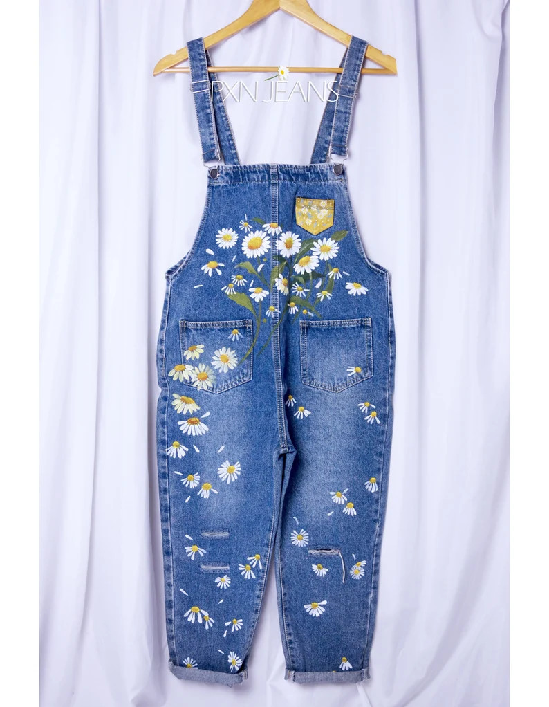 Hand-painted [size S Only] Overalls Jeans Daisy Floral Blue Painted Denim | Be Amazing | Pxnart -... | Etsy (US)