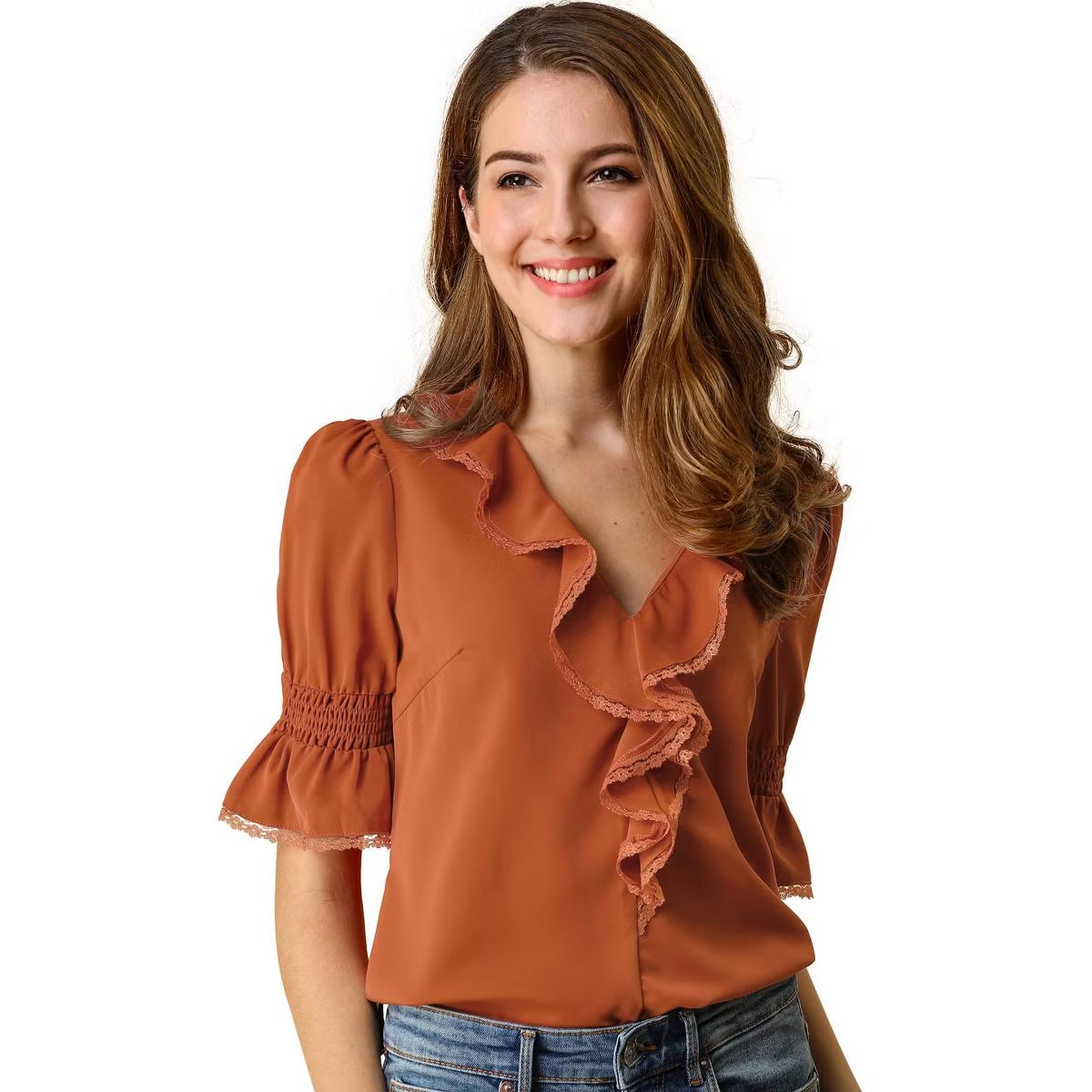 Allegra K Women's Ruffle V Neck Puff Sleeve Summer Casual Chiffon Peasant Blouse | Target